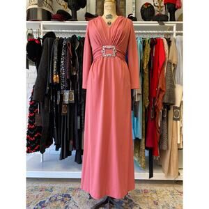 vintage 1970s rose pink maxi dress draped hostess formal s/m buckle ruched